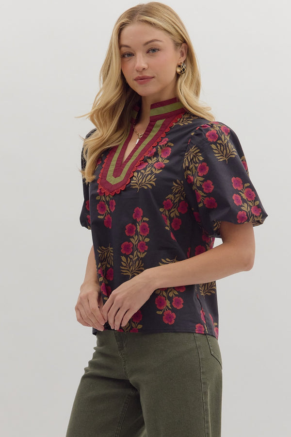 Floral Print Bubble Sleeve Top- Black