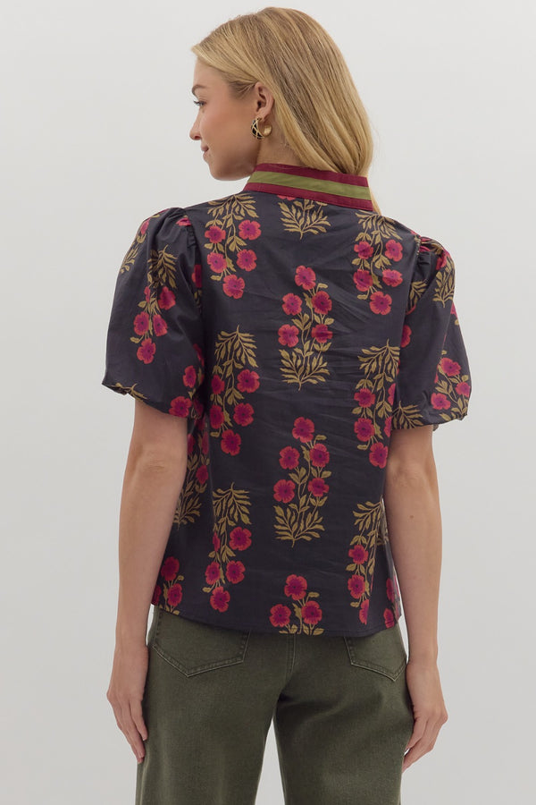 Floral Print Bubble Sleeve Top- Black