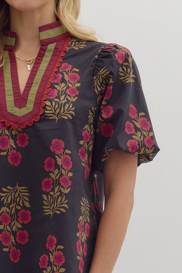 Floral Print Bubble Sleeve Top- Black