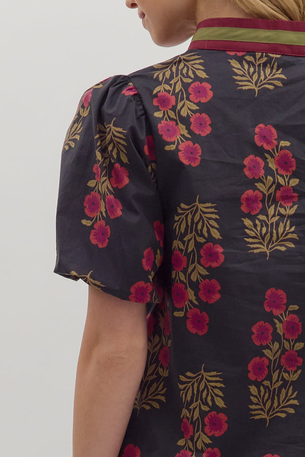 Floral Print Bubble Sleeve Top- Black
