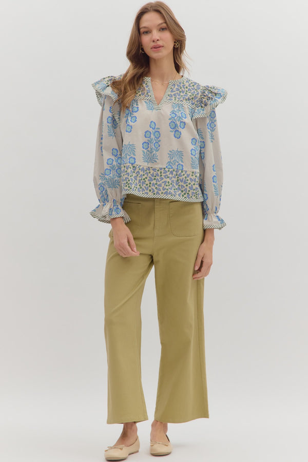 Multi-Print Ruffle Top- Blue