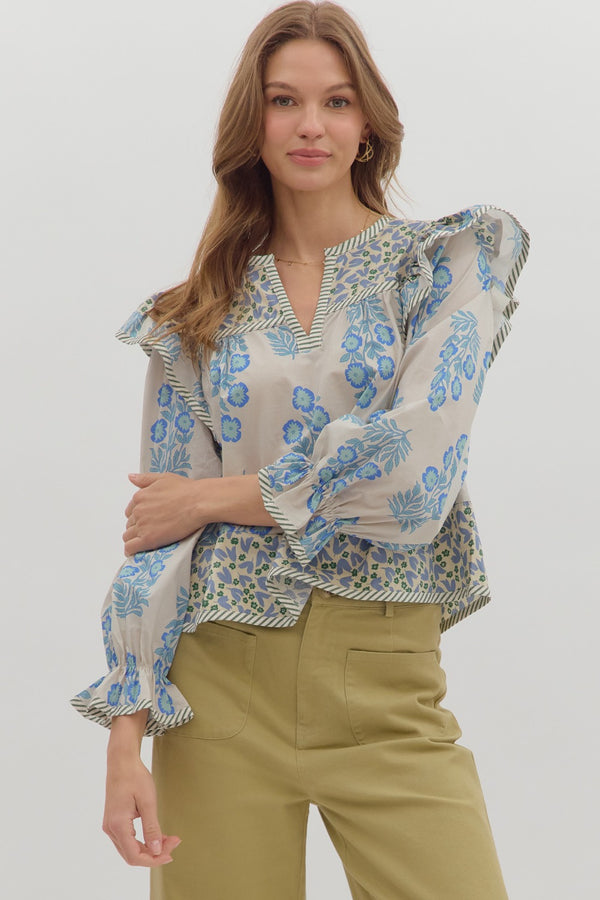 Multi-Print Ruffle Top- Blue