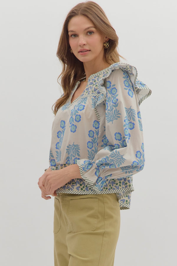 Multi-Print Ruffle Top- Blue