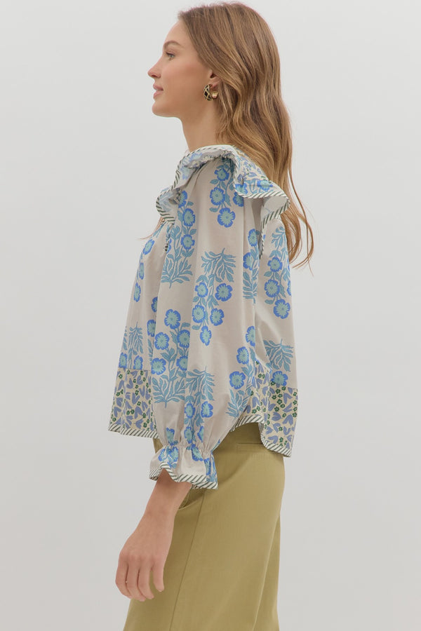 Multi-Print Ruffle Top- Blue