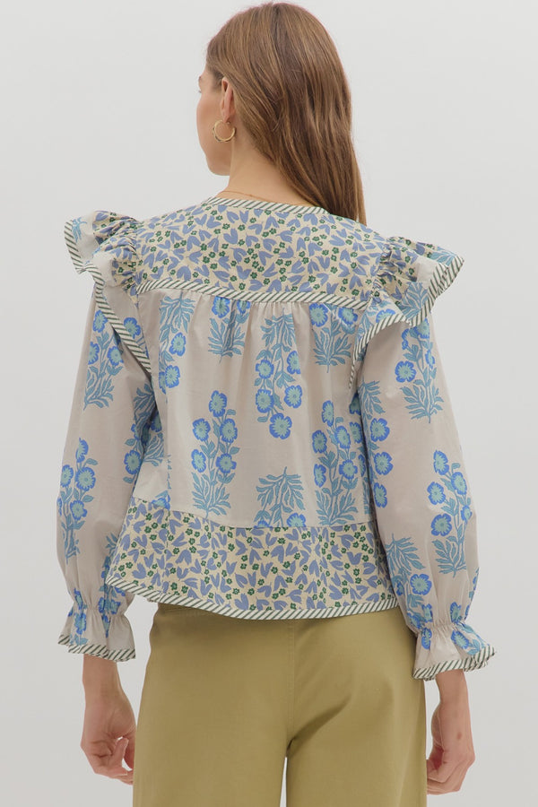 Multi-Print Ruffle Top- Blue