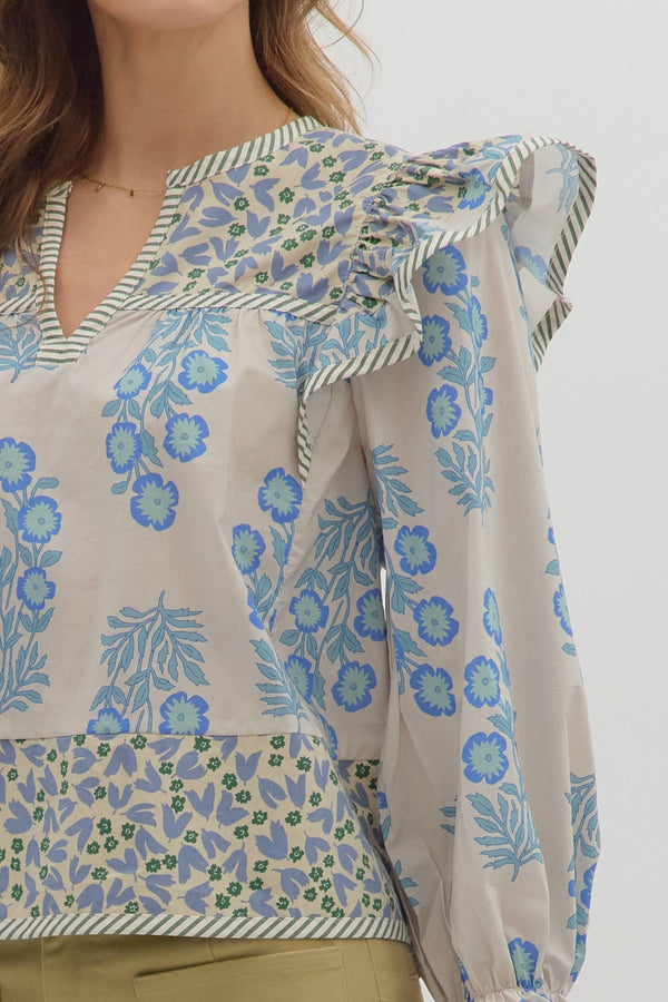 Multi-Print Ruffle Top- Blue