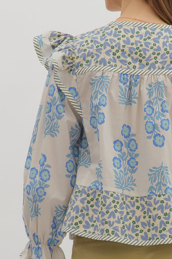 Multi-Print Ruffle Top- Blue