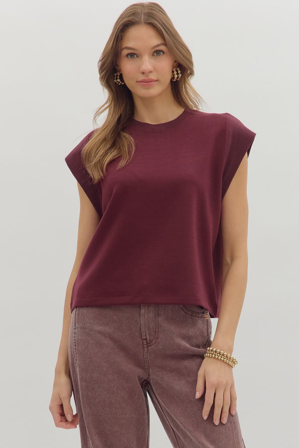Solid Crew Neck Pullover Top- Merlot