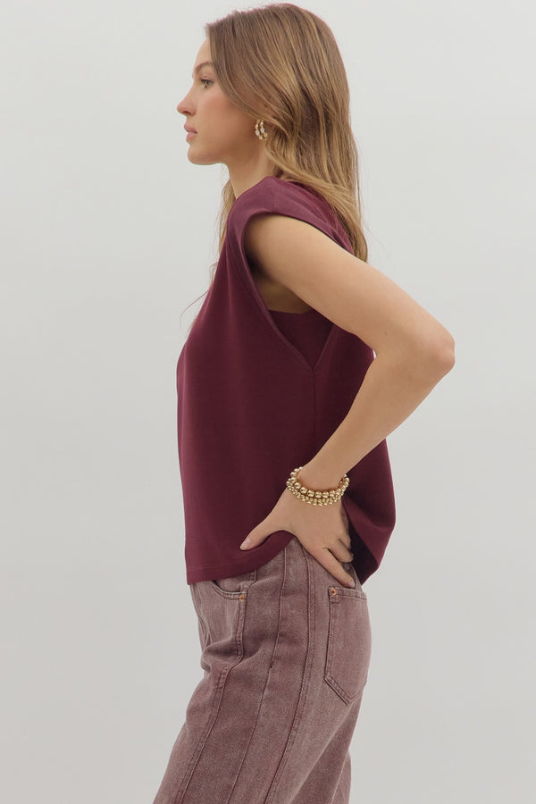 Solid Crew Neck Pullover Top- Merlot