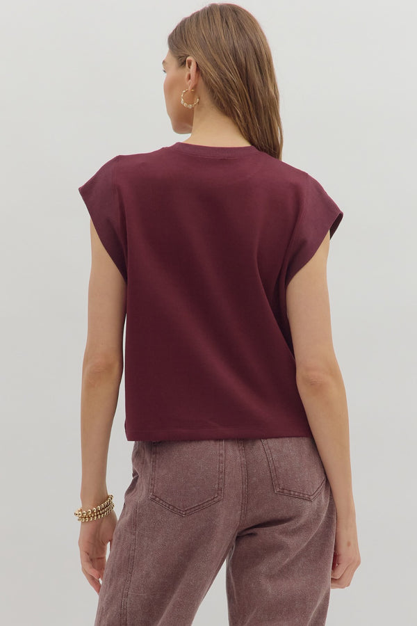 Solid Crew Neck Pullover Top- Merlot