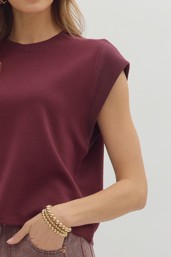 Solid Crew Neck Pullover Top- Merlot