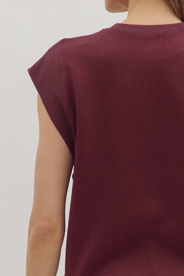 Solid Crew Neck Pullover Top- Merlot