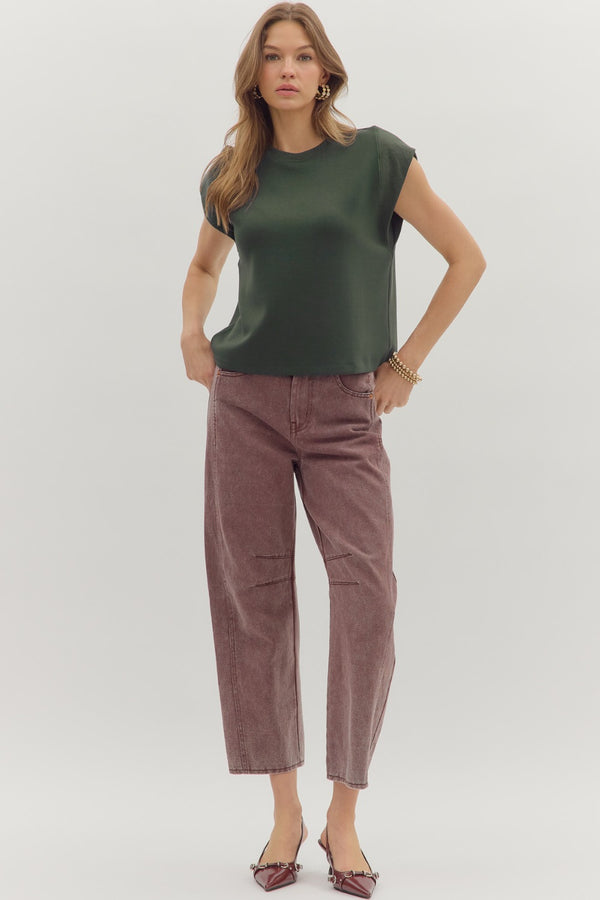 Solid Crew Neck Pullover Top- Forest