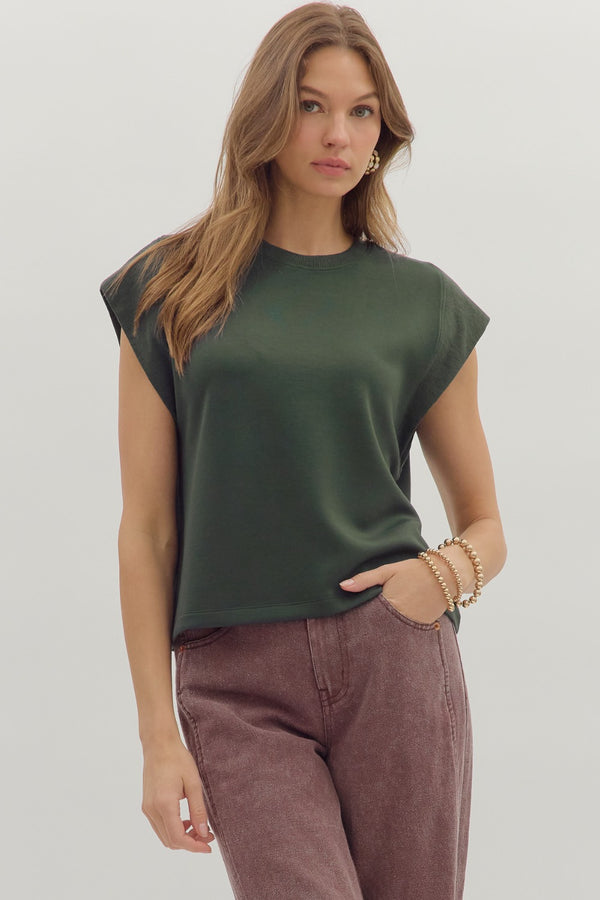 Solid Crew Neck Pullover Top- Forest