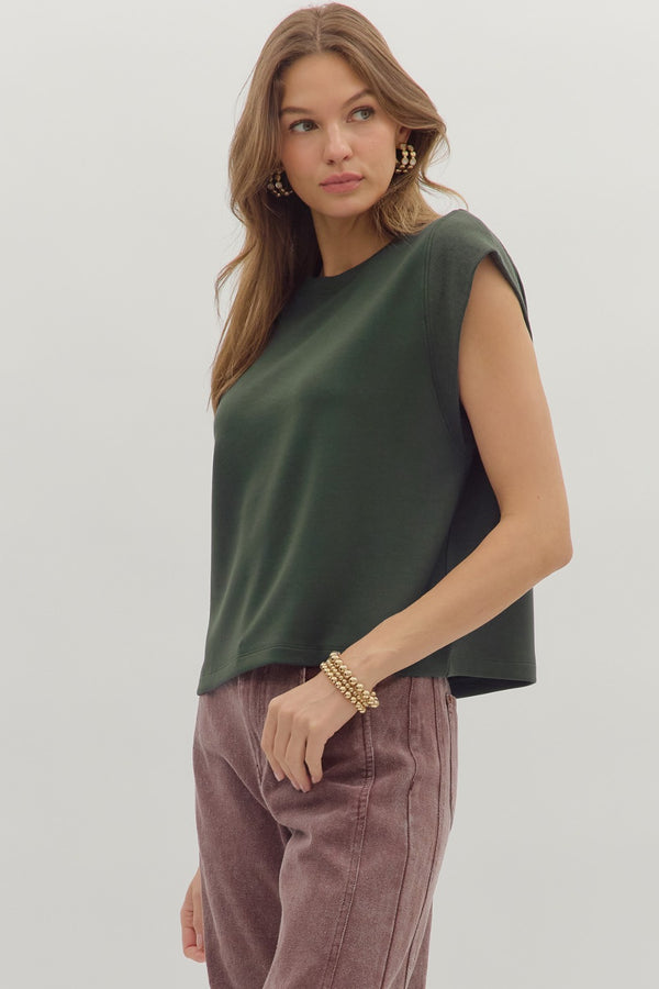 Solid Crew Neck Pullover Top- Forest