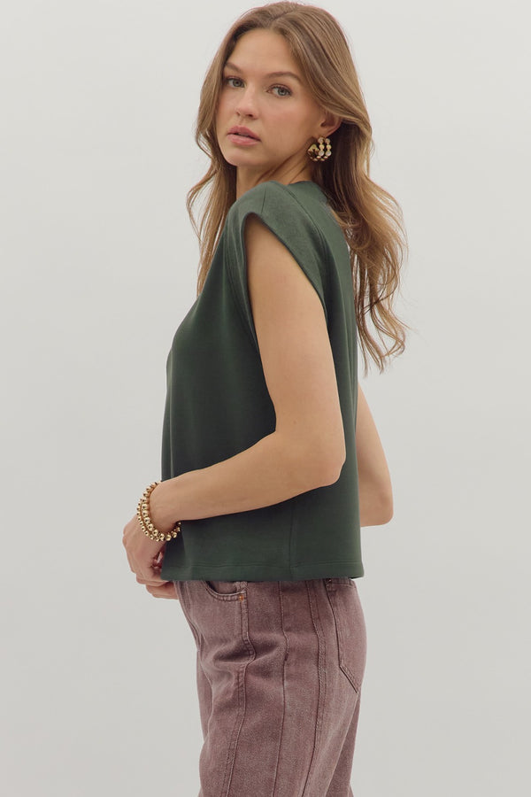 Solid Crew Neck Pullover Top- Forest