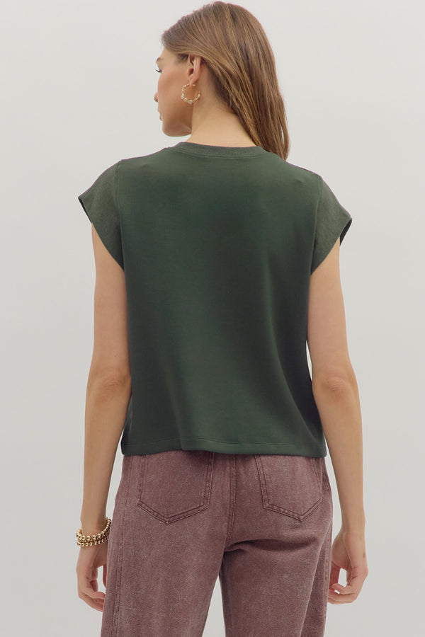 Solid Crew Neck Pullover Top- Forest