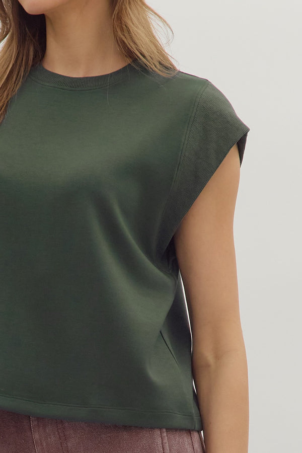 Solid Crew Neck Pullover Top- Forest