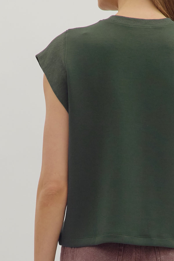 Solid Crew Neck Pullover Top- Forest