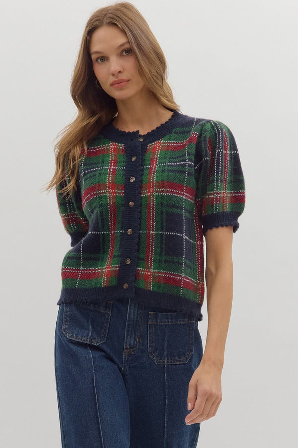 Plaid Puff Sleeve Sweater Knit Top- Navy