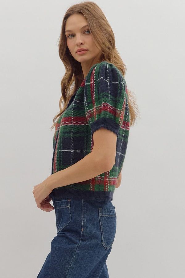 Plaid Puff Sleeve Sweater Knit Top- Navy