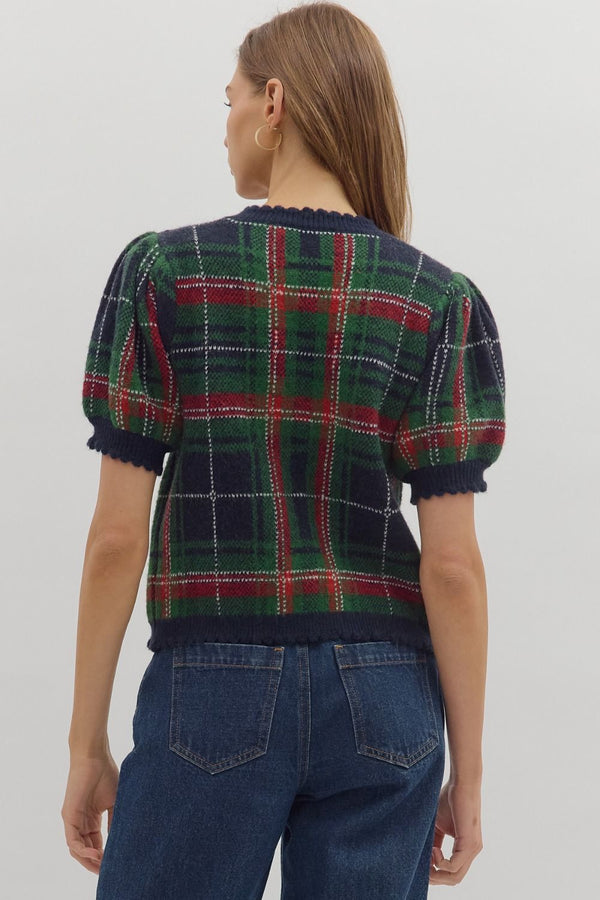 Plaid Puff Sleeve Sweater Knit Top- Navy