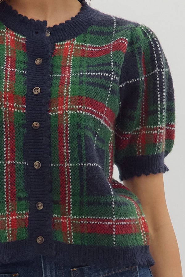 Plaid Puff Sleeve Sweater Knit Top- Navy