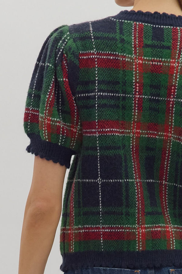 Plaid Puff Sleeve Sweater Knit Top- Navy