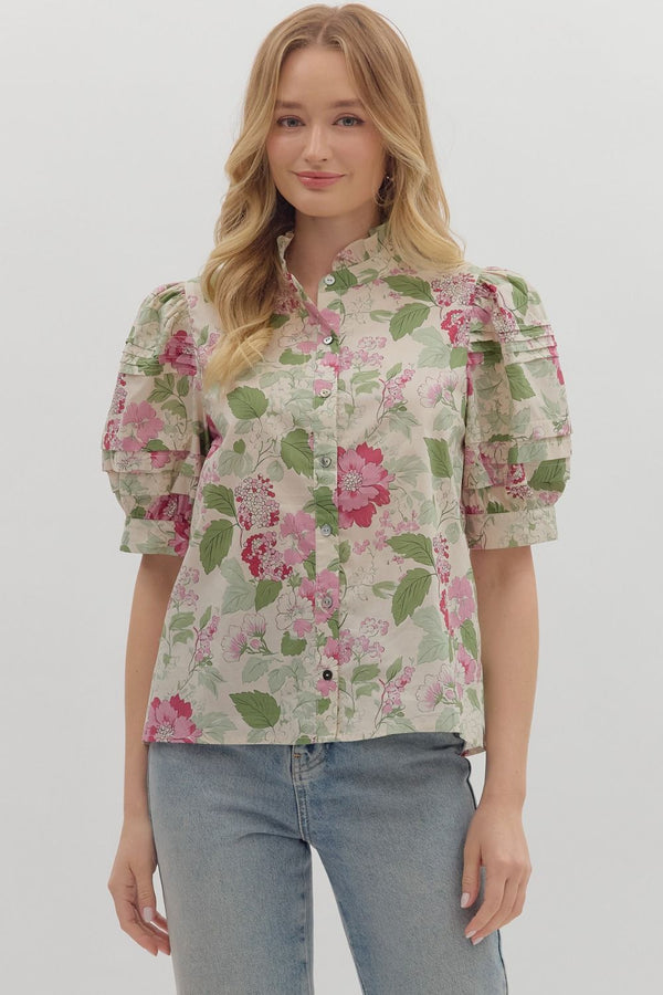 Floral Print Puff Sleeve Button-Down Top- Pink