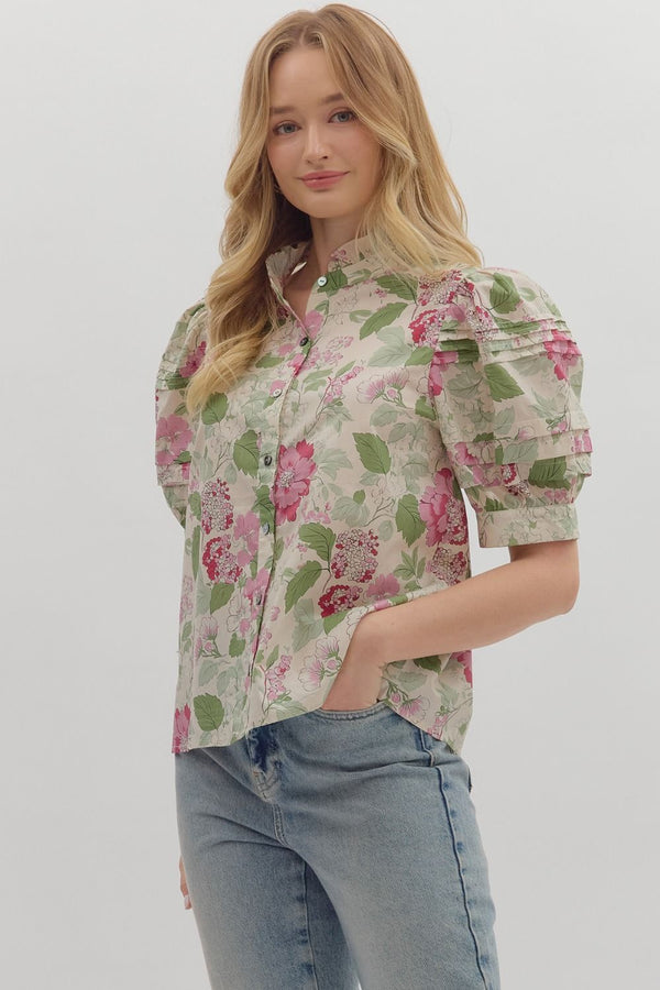 Floral Print Puff Sleeve Button-Down Top- Pink
