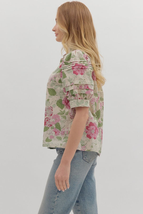 Floral Print Puff Sleeve Button-Down Top- Pink