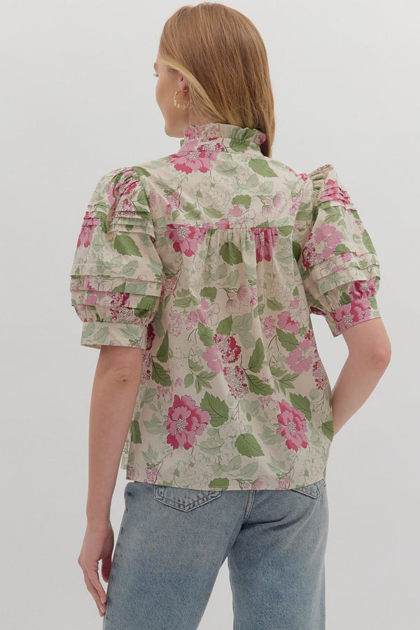 Floral Print Puff Sleeve Button-Down Top- Pink