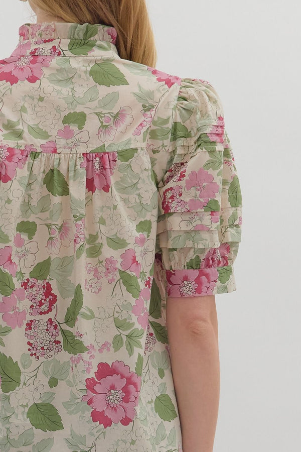 Floral Print Puff Sleeve Button-Down Top- Pink