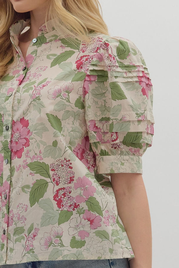 Floral Print Puff Sleeve Button-Down Top- Pink