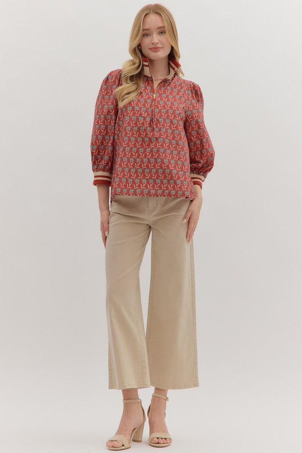Floral Print 3/4 Sleeve Half Zip Top- Rust