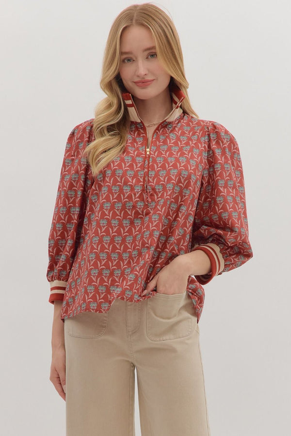 Floral Print 3/4 Sleeve Half Zip Top- Rust