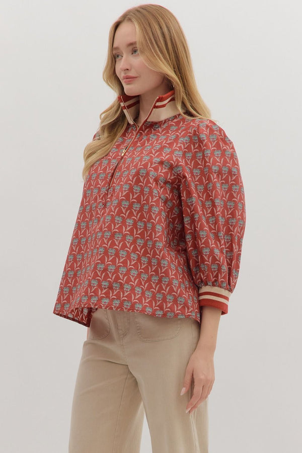 Floral Print 3/4 Sleeve Half Zip Top- Rust