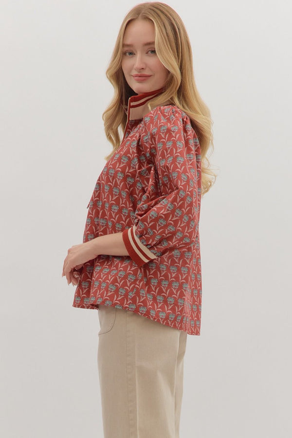 Floral Print 3/4 Sleeve Half Zip Top- Rust