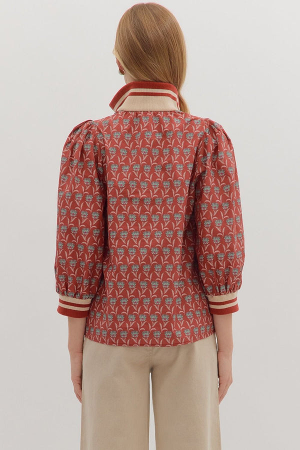 Floral Print 3/4 Sleeve Half Zip Top- Rust