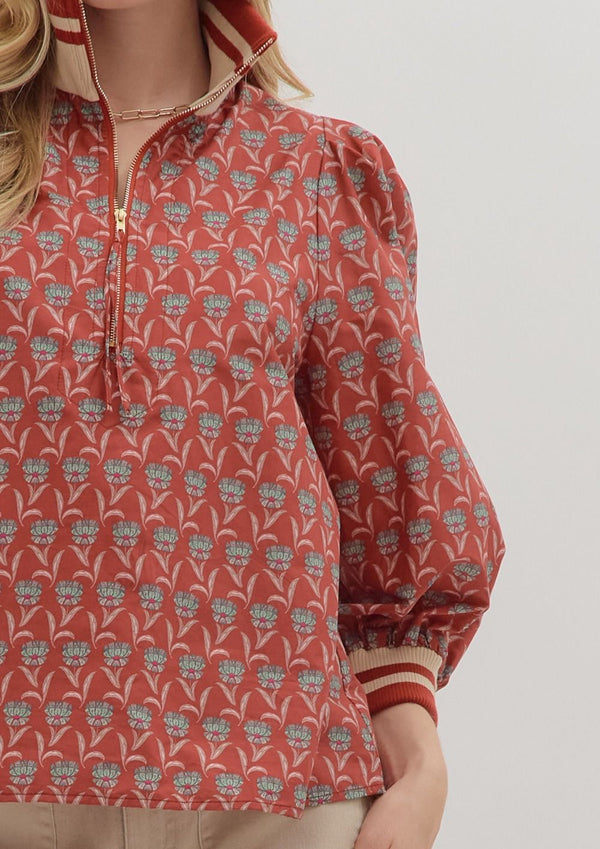 Floral Print 3/4 Sleeve Half Zip Top- Rust