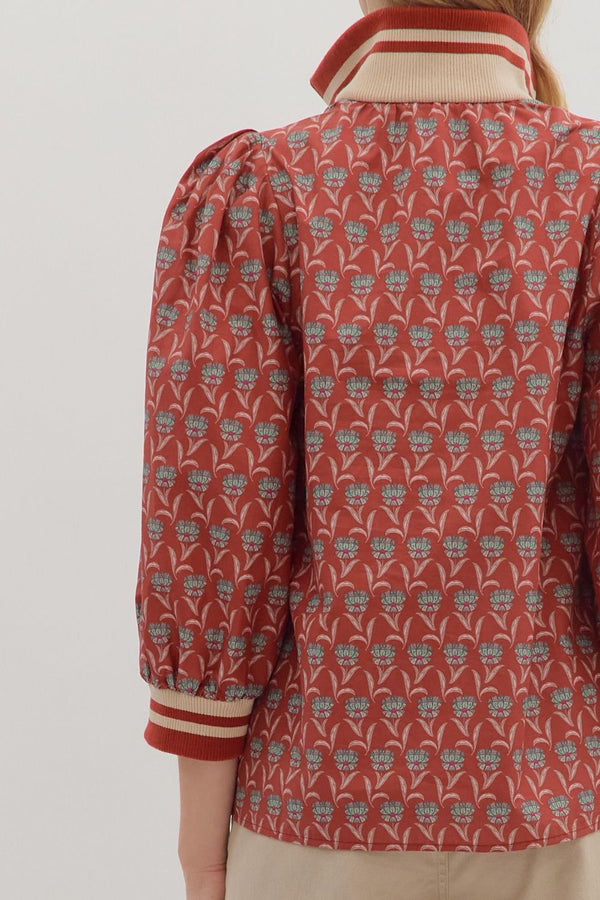 Floral Print 3/4 Sleeve Half Zip Top- Rust