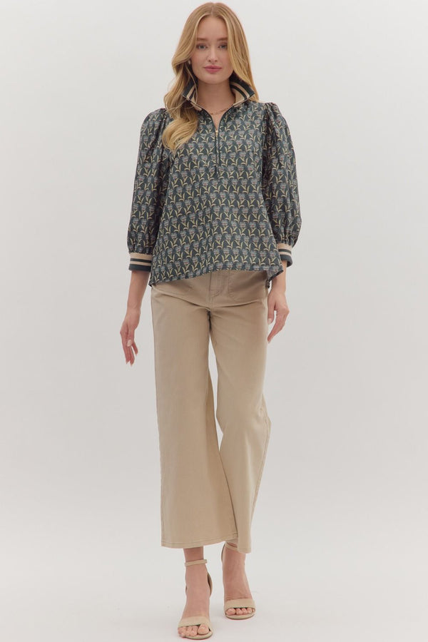 Floral Print 3/4 Puff Sleeve Top- Midnight
