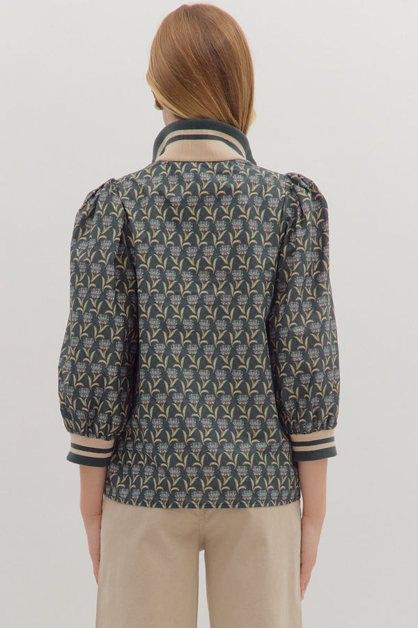 Floral Print 3/4 Puff Sleeve Top- Midnight