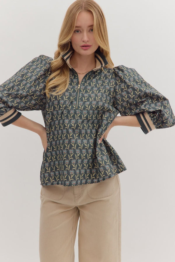 Floral Print 3/4 Puff Sleeve Top- Midnight