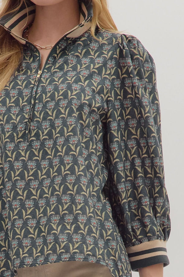 Floral Print 3/4 Puff Sleeve Top- Midnight