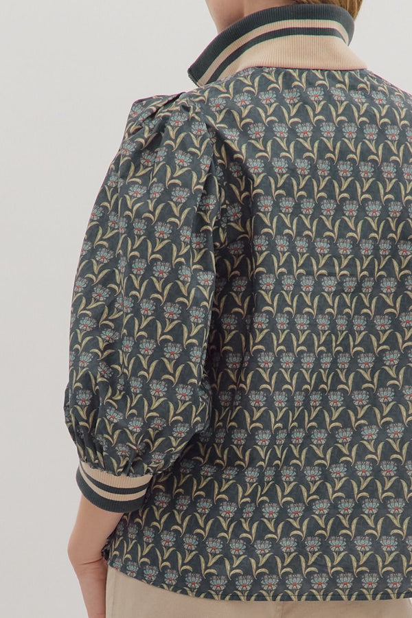 Floral Print 3/4 Puff Sleeve Top- Midnight