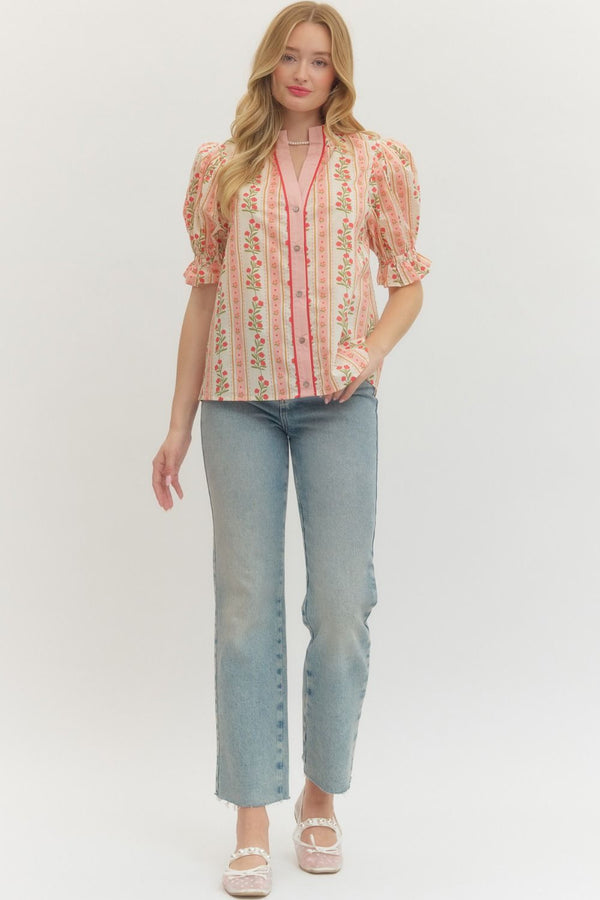 Floral Stripe Puff Sleeve Top- Red