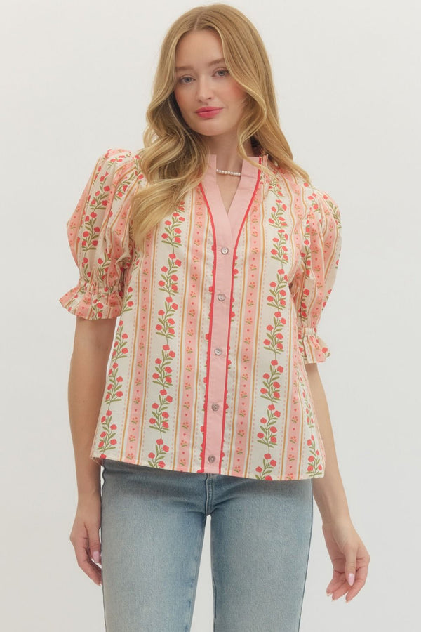 Floral Stripe Puff Sleeve Top- Red