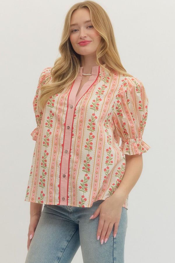 Floral Stripe Puff Sleeve Top- Red