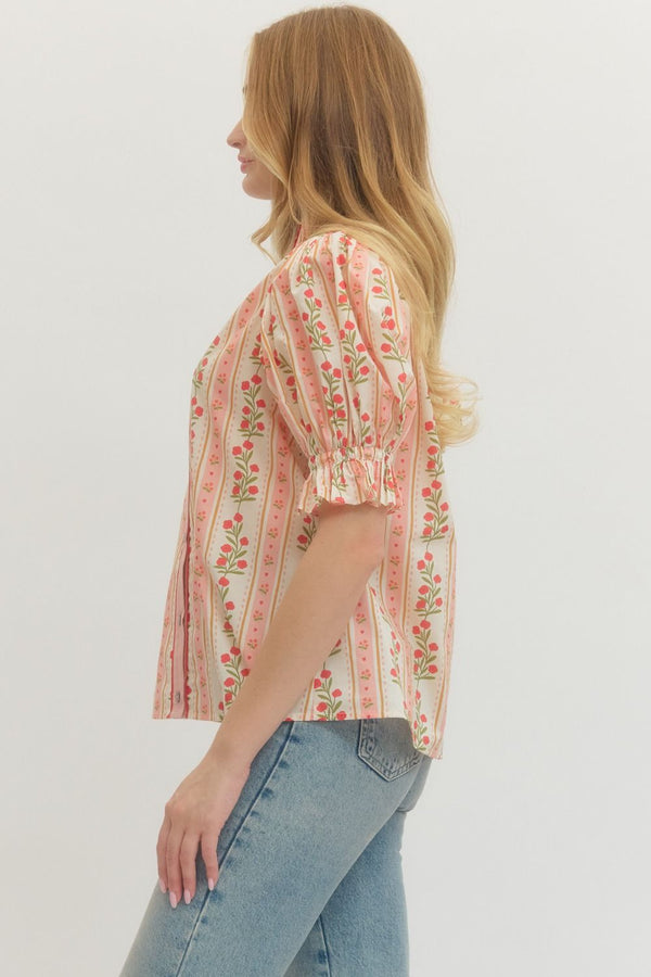 Floral Stripe Puff Sleeve Top- Red